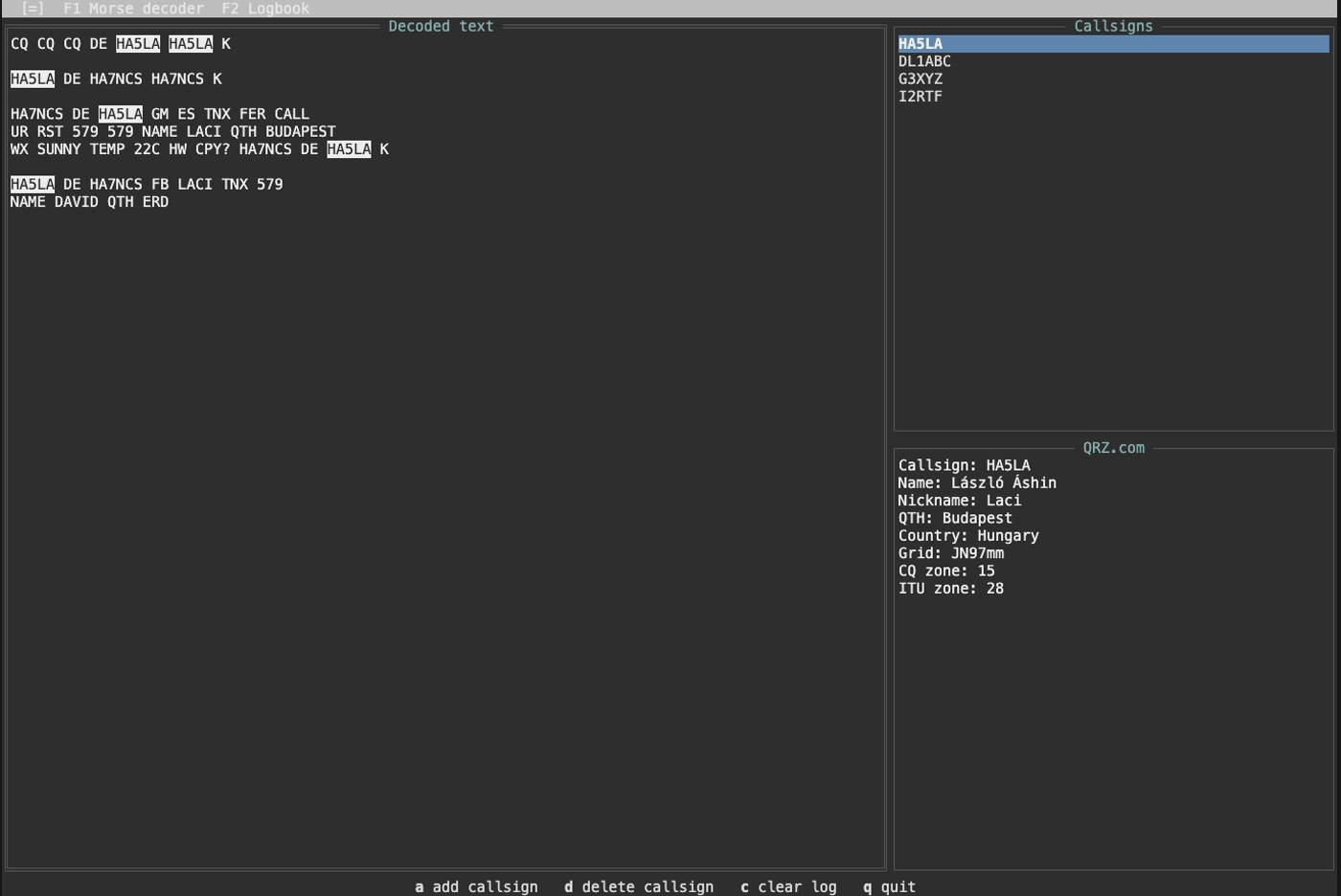 DitDah Morse decoder with decoded QSO text, a populated callsign list, and QRZ details