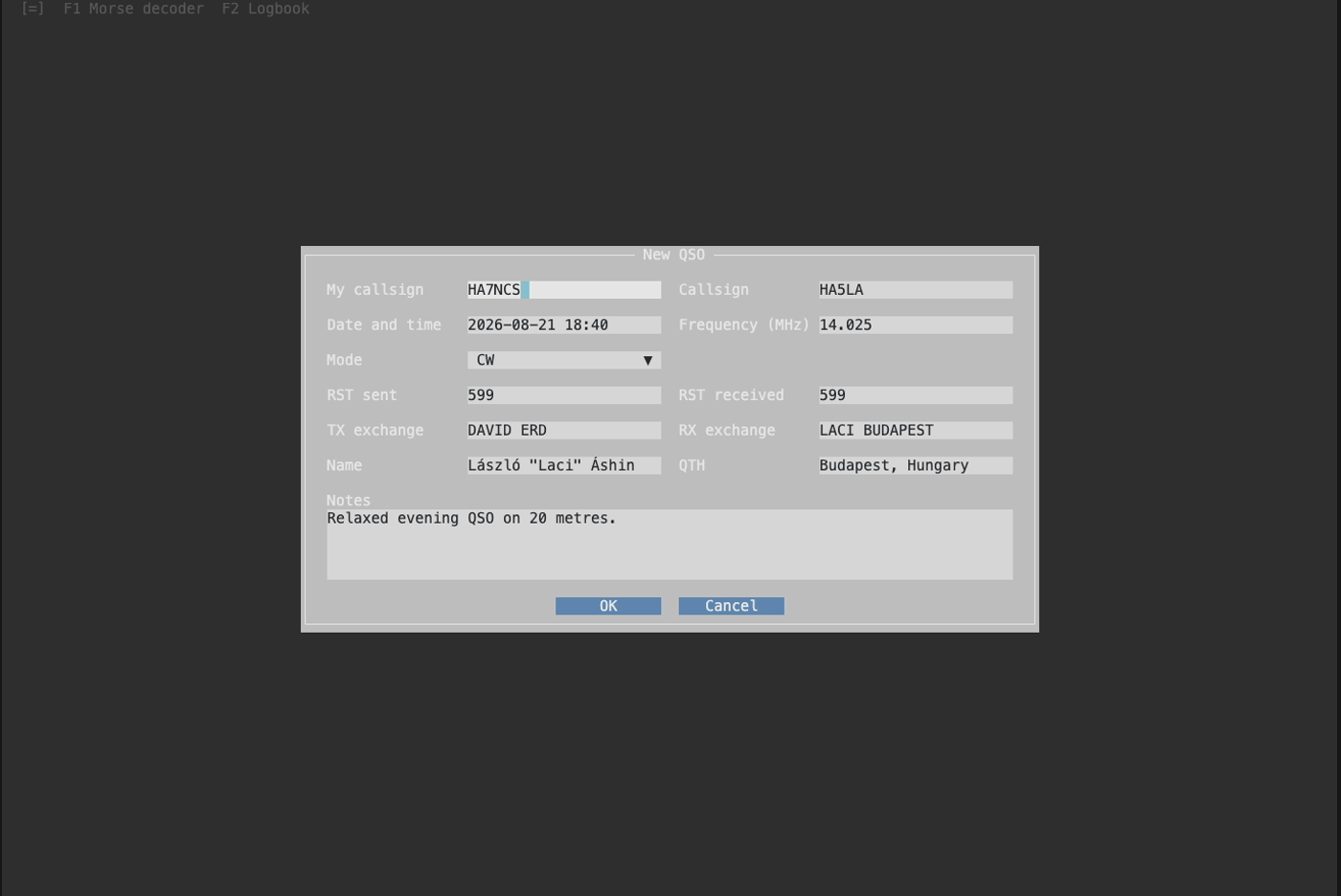 DitDah New QSO editor filled with a contact